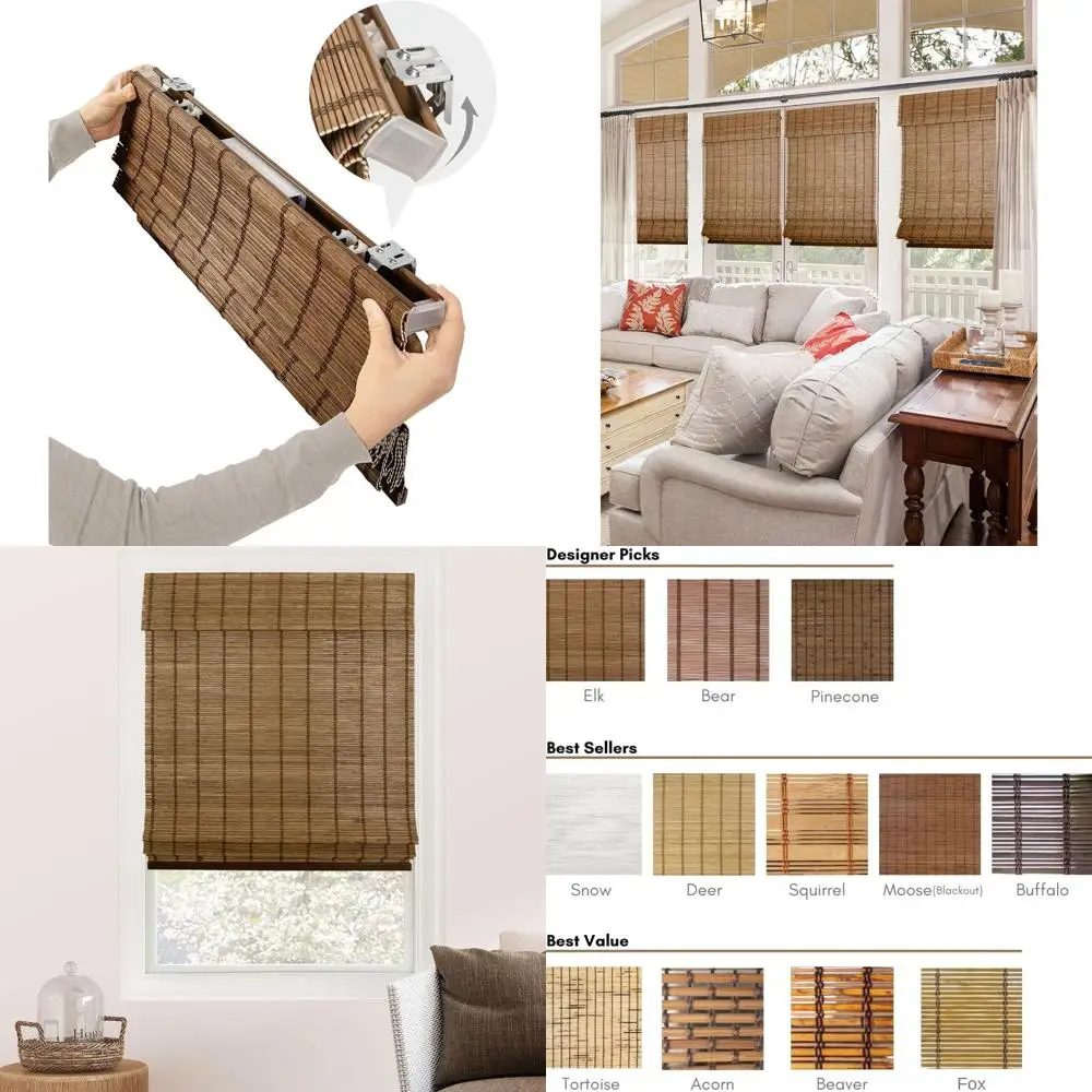 

Eco-Friendly Bamboo Roman Shades, Designer Light Filtering, Perfect for Home and Patio, Elk Brown, 34x64