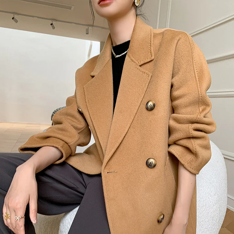 Autumn Winter New Double Sided Wool Coat Women\'s V-Neck Long Sleeve Loose Solid Button Pocket Short Style Temperament Wool Coat