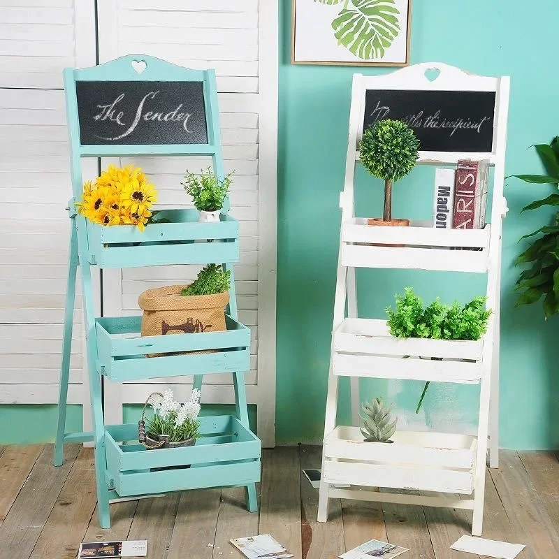 Zakka chalkboard succulent floor-to-ceiling flower stand multi-layer shelf ornament creative clothing store cafe soft wood