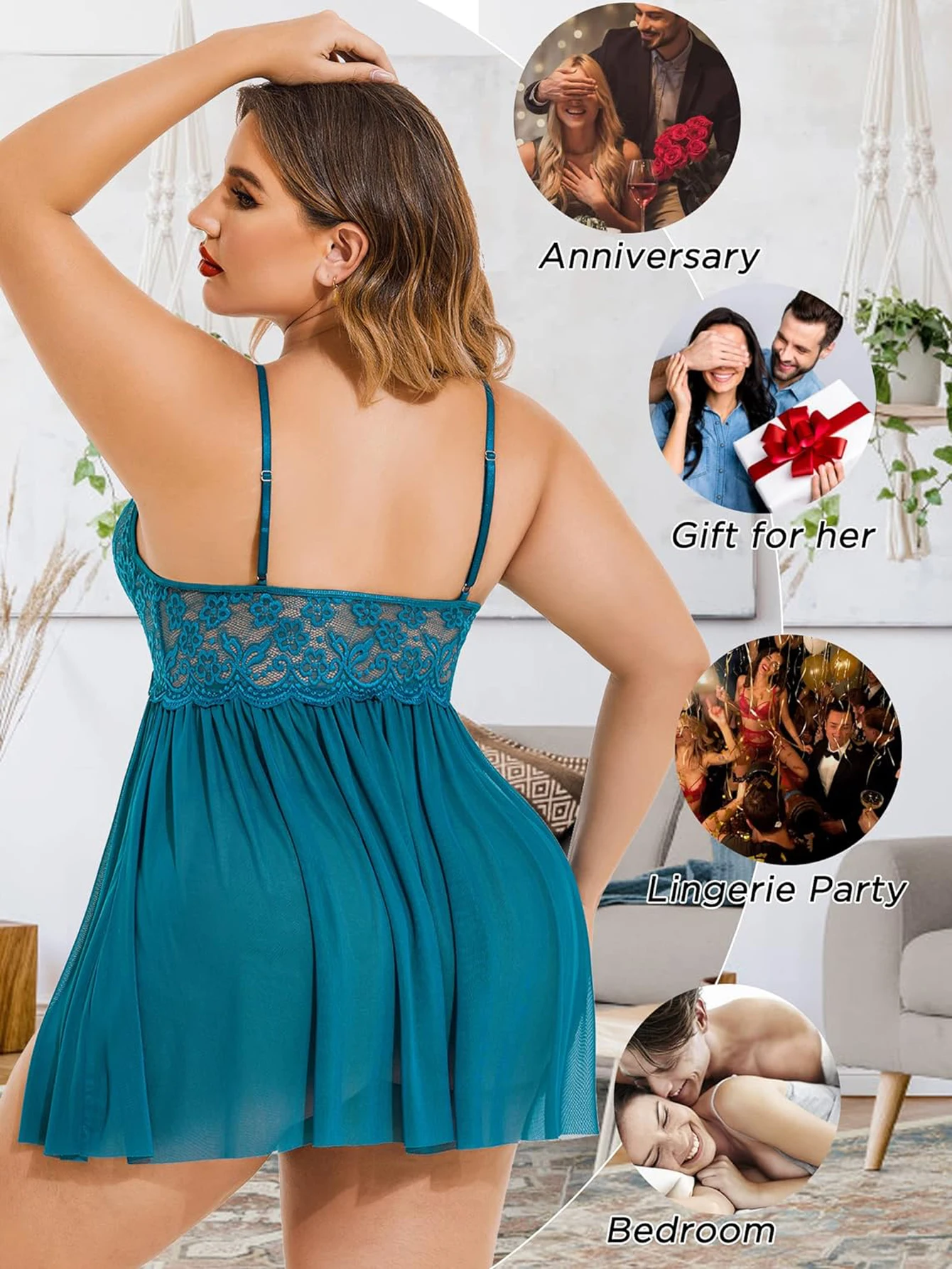 Plus Size Teal Lace Babydoll Lingerie for Women - Sheer Mesh Chemise Nightgown with Adjustable Straps & Thong Set, Sexy V-Neck