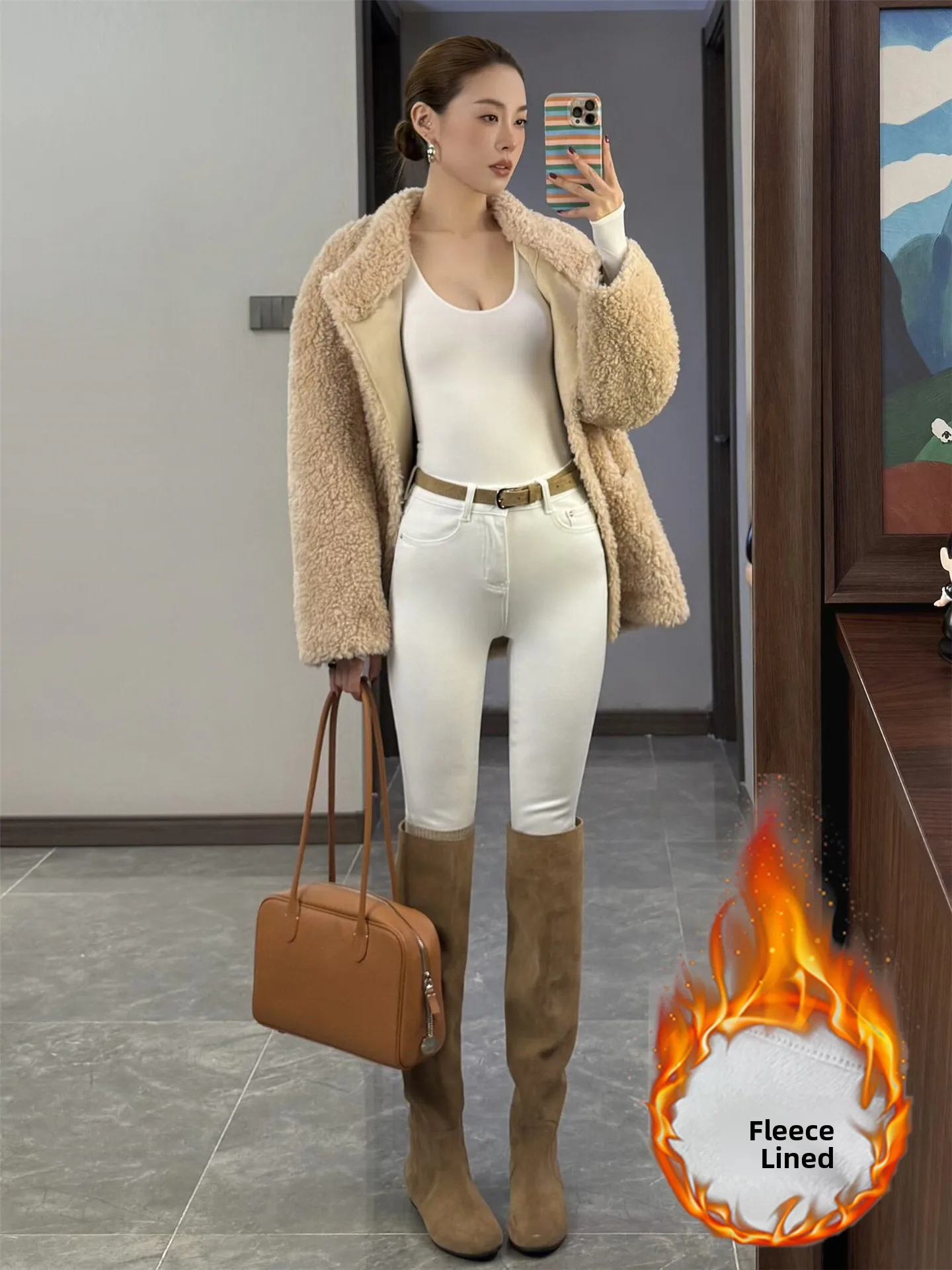 

Женские утепленные джинсы-карандаш больших размеров, белые, облегающие, стрейч, на флисе, для осени и зимы