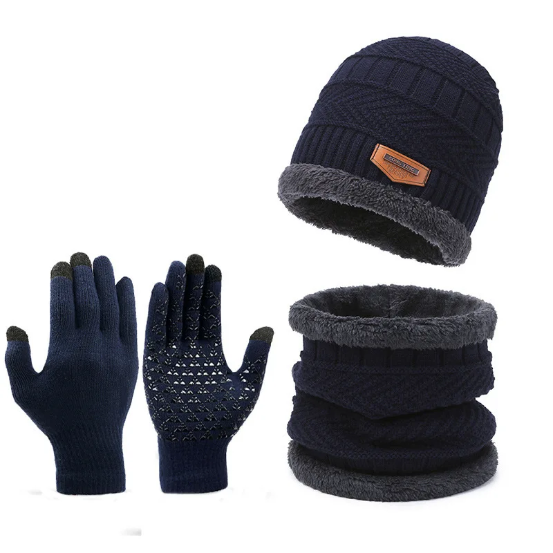 Autumn Winter Knit Beanie Hat Neck Warmer Scarf and Touch Screen Gloves Set Fleece Lined Skull Cap for Men Women Outdoor