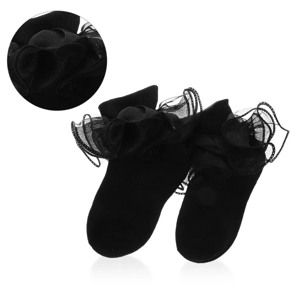 3Pairs Toddler Girls Socks Soft Cotton Lace Trim Princess Dress Ankle Socks for Kids White Black Purple Lightweight