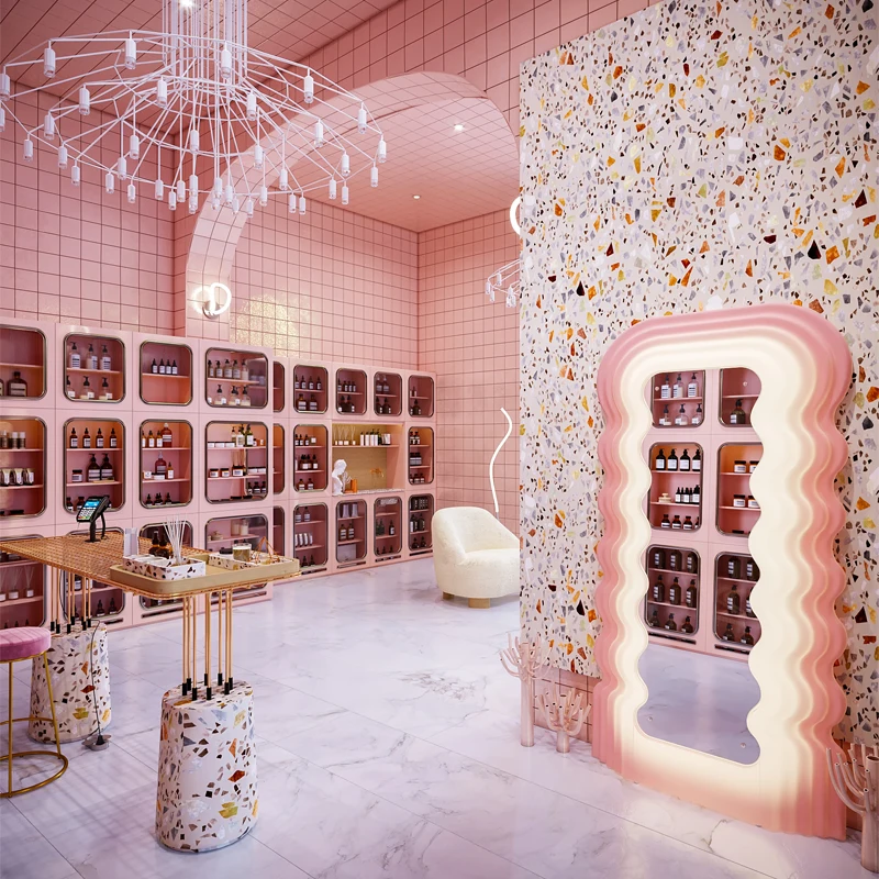 Estantes de madera del diseño del perfume Estantes de exhibición de los productos de la belleza de la góndola de la exhibición de los muebles de la tienda cosmética