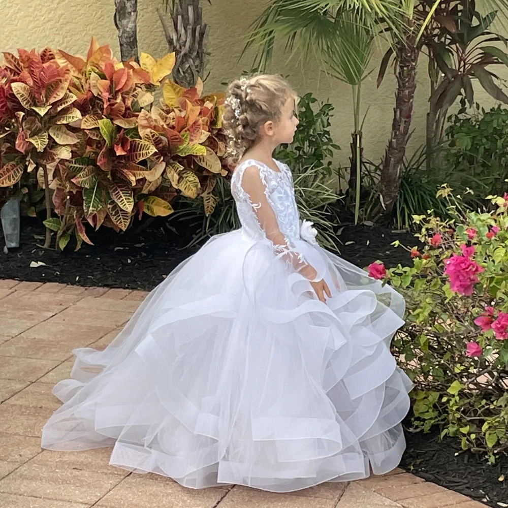 Weiße Spitze Blumen mädchen Kleid für Hochzeit geschwollene O-Ausschnitt Rüschen Tüll volle Ärmel Kinder Erstkommunion Kleid Ballkleider