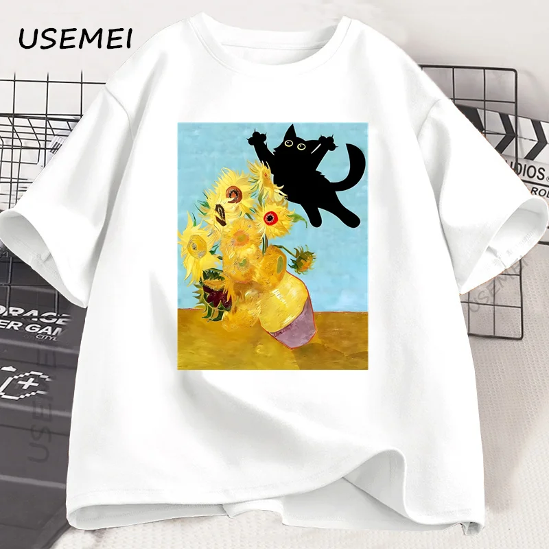 Vincent Van Gogh Cat T-shirt for Men Women Sunflowers Print Tshirt Funny Cute Cat Kitten T Shirt Cotton Short Sleeve Clothes