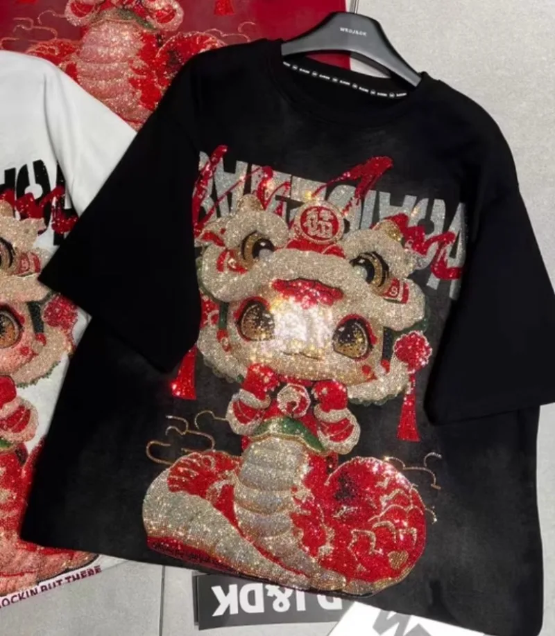 Heavy Industry Diamond Drills T-shirt Christmas Cartoon Short-sleeved Polished Thickened Top Autumn Winter Loose Oversized Tees