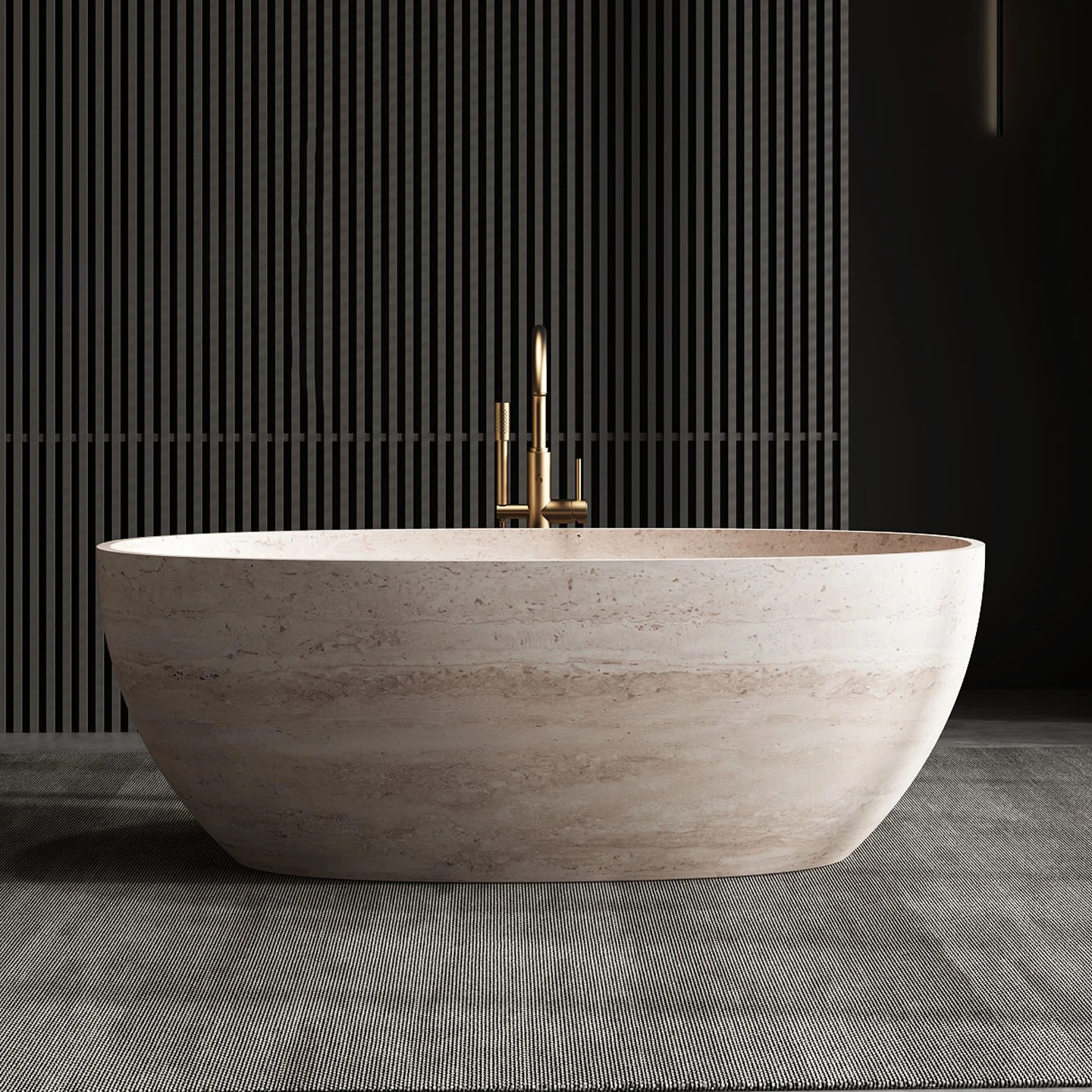 Artificial Stone Freestanding Bathtub, 1.7m Egg-Shaped Double Soaking Tub with Artistic Veins, Stain-Resistant&Durable for Villa