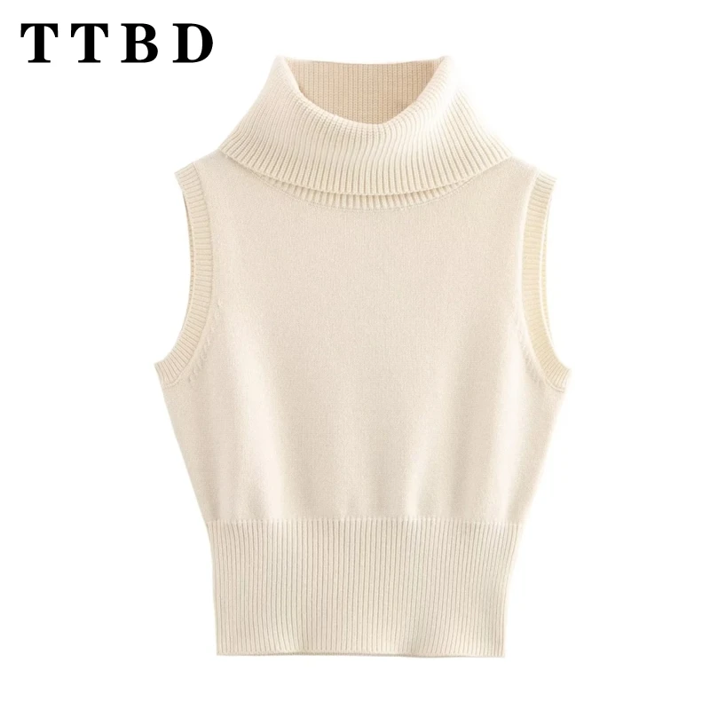 TTBD Frau 2024 Neue Herbst Mode Einfarbig Rollkragen Kragen Pullover Gilet Frauen Kleidung Casual Ärmelloses Stricken Top