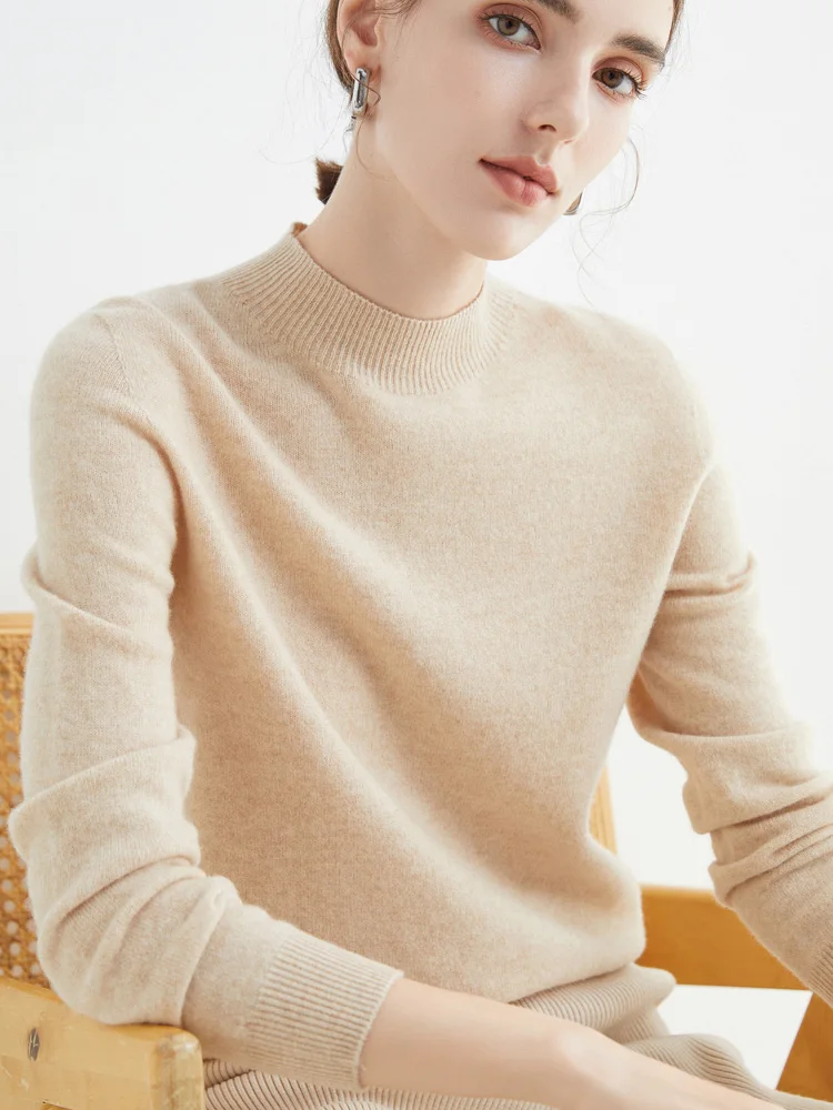 New Autumn Winter 100% Pure Merino Wool Pullover High Quality Sweater Mock-Neck Cashmere Knitwear Women Clothing Basic Top