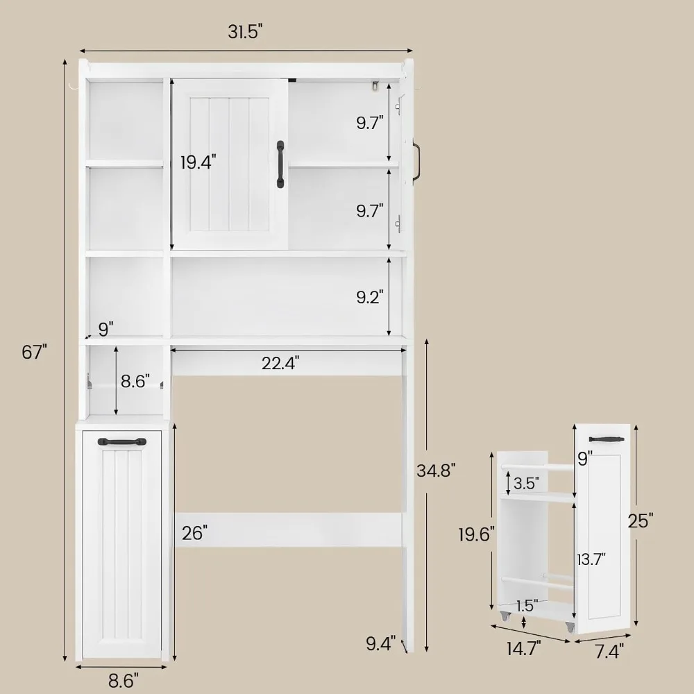 Over Toilet Storage Cabinet with Pulley, Small Bathroom Space Saver, Adjustable Shelf, White