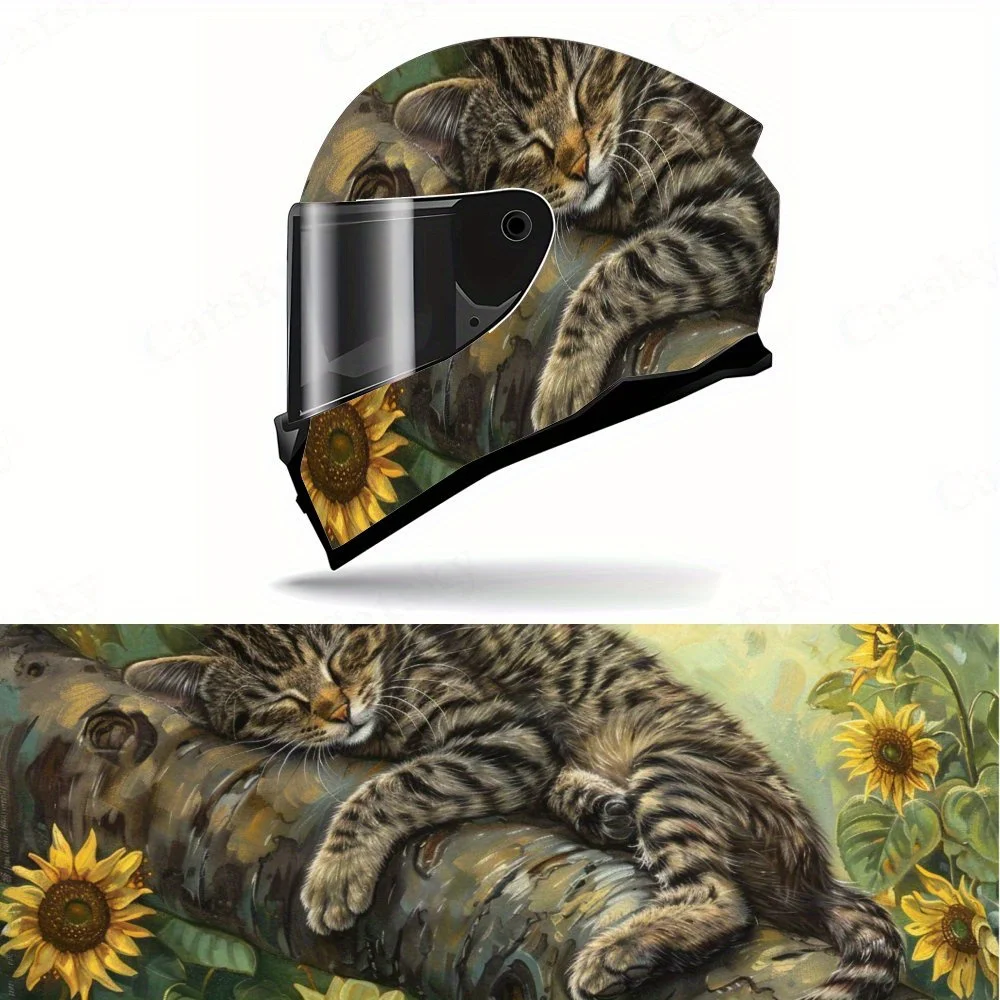 

Cat sleeping next to sunflowers PVC material self-adhesive waterproof motorcycle helmet sticker, paste firmly and do not fall, w