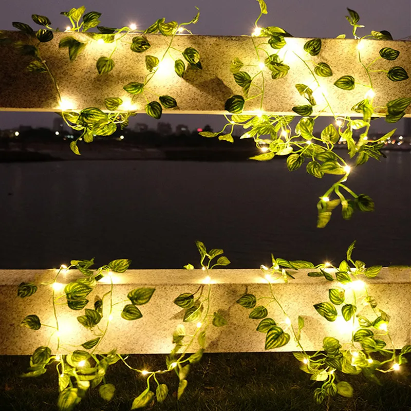 Solar Green Leaf Fake Plants String Light Waterproof String Light For Wall House Room Office Outdoor Birthday Wedding Decor