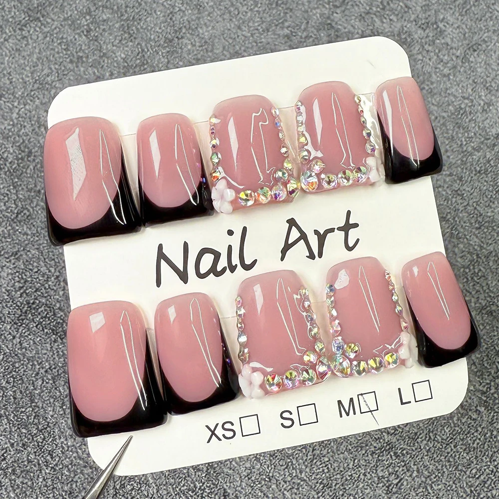 

10 шт., черный, розовый край, французский пресс на ногтях, носимые розовые балетные накладные ногти средней длины, дизайн с бриллиантами, полное покрытие, дизайн ногтей