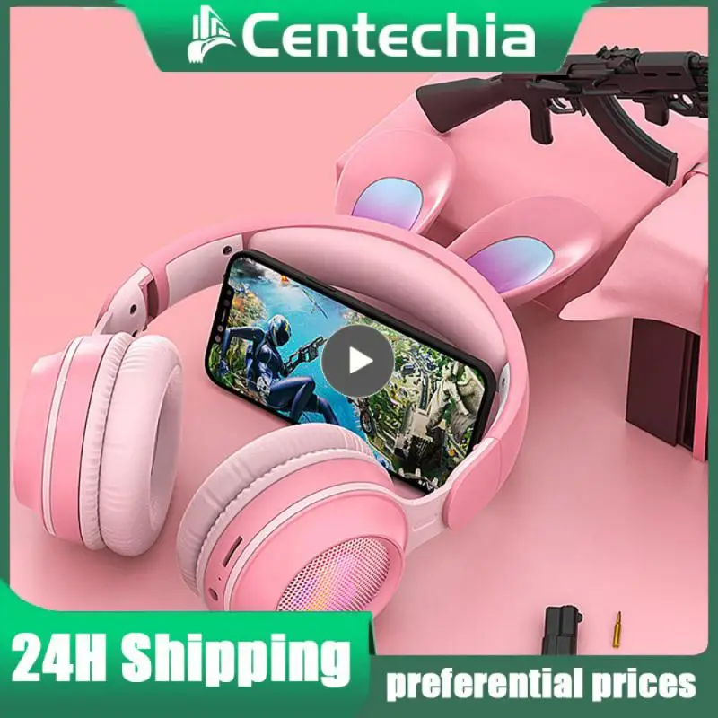 Wireless Headphones with Mic Cute Rabbits RGB LED Stereo Music Earphones, Children Phone Gaming Headset Gamer