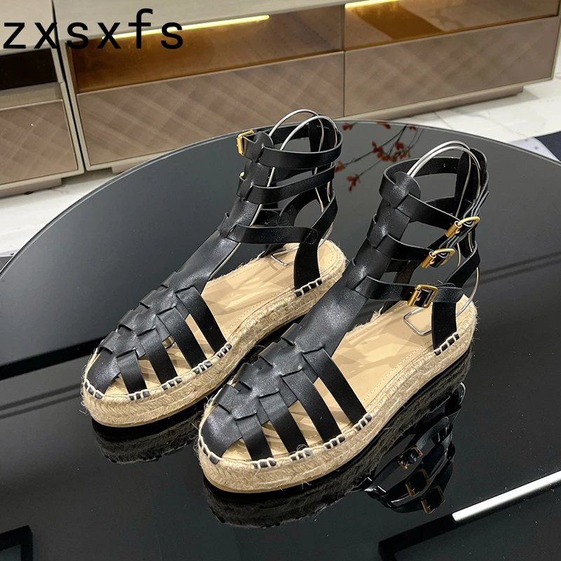 

Summer Real Leather Flat Platform Sandals Women Thick Sole Hollow Out Casual Beach Shoes Ankle Strap Rome Sandalias Mujer 2024