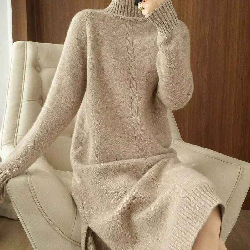 

2024 Often Live Warm Wool Sweater Long Woman Autumn Winter Neck High Above Knee Knitted Gown of Cashmere Large Base Shirt L355