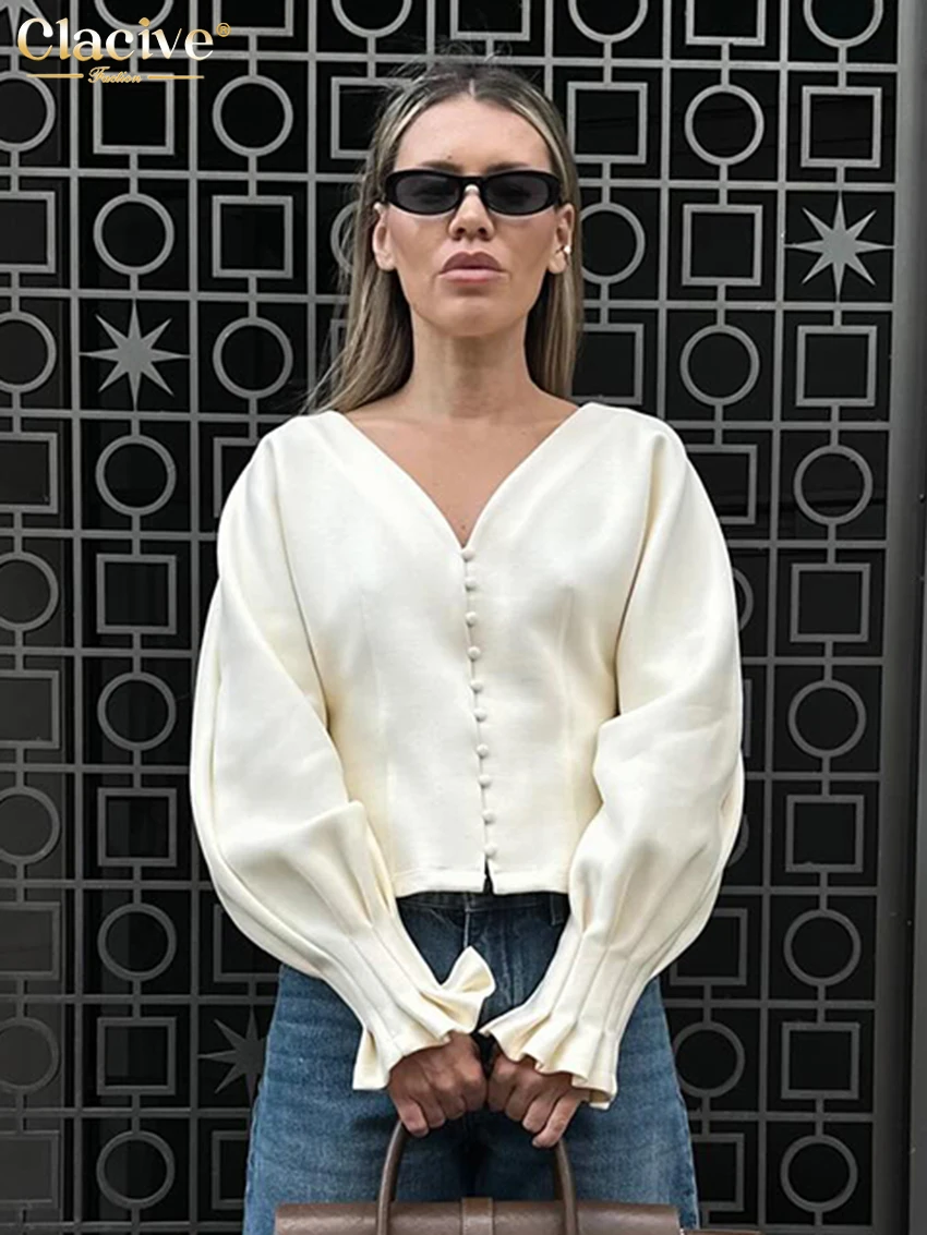 

Clacive Fashion Loose Beige Women's Shirt 2026 Spring V-Neck Long Sleeve Lady Shirts Elegant Classic Solid Top Female Clothing