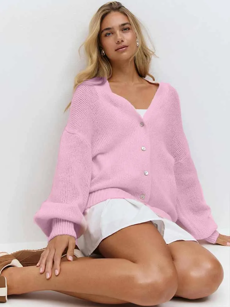 

BKQU Элегантный кардиган с v-образным вырезом, женский однобортный свитер с длинным рукавом, повседневная свободная вязаная верхняя одежда, осенне-зимние джемперы 2025