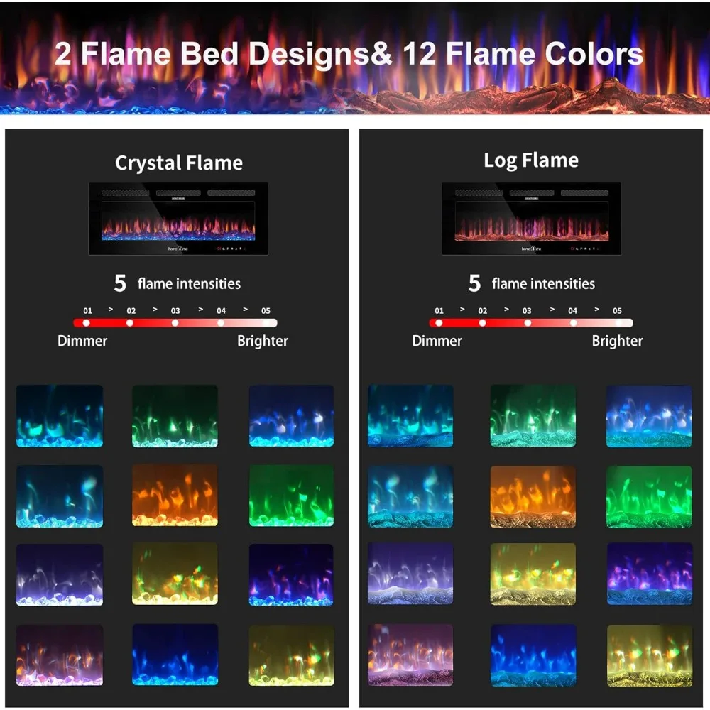 36인치 벽걸이형 및 매립형 전기 벽난로 히터, 750/1500W, 조절 가능한 불꽃, 독립형 옵션