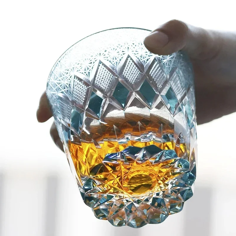 Heart of the Ocean Geometric Chrysanthemum Whiskey Glass Hand Engraved Edo Kiriko Crystal Tumbler, Japanese Barware 320ml