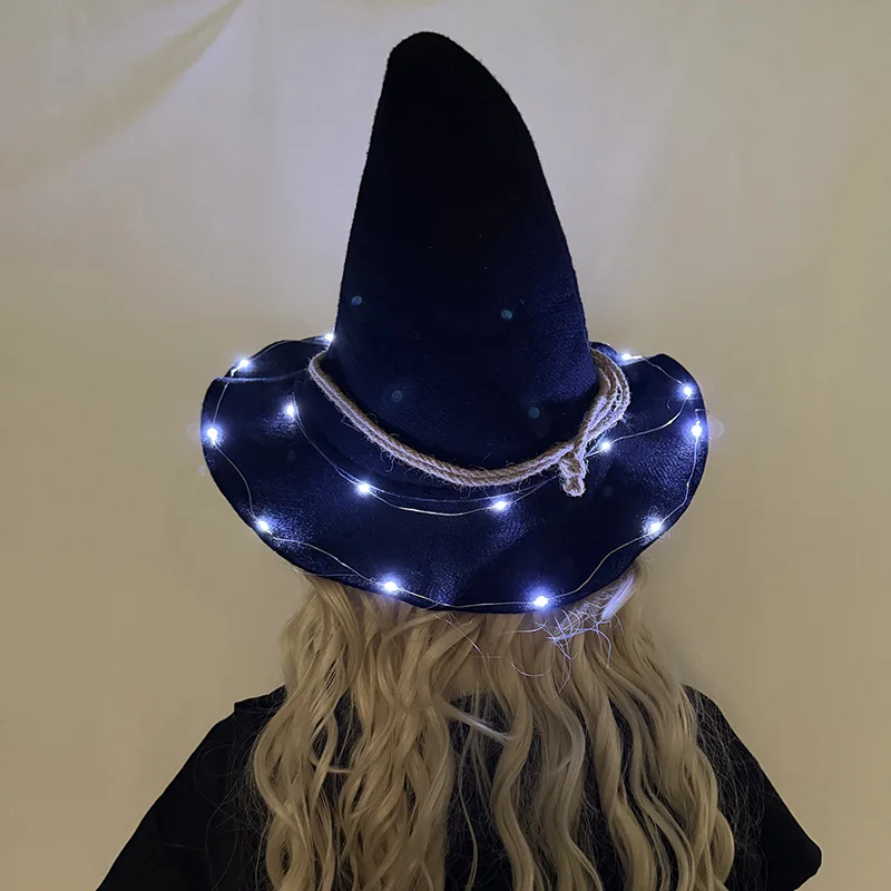 Women LED Light Up Witch Hat Black Pointed Wizard Hat With LED String Lights Halloween Carnival Club Cosplay Costume Accessories