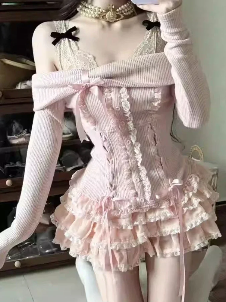 Japanese Kawaii Pink 2 Piece Sets Women Off Shoulder Sweater + Cake Skirt Spring Autumn Y2k Style Aesthetic Fairy Vintage Suit