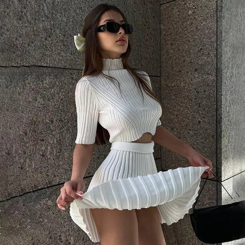 

Women's Knitted Two Piece Set Knitted Half Skirt Short Sleeve Pure Summer New Sexy High Neck Slim Fit Solid Color Set for Women