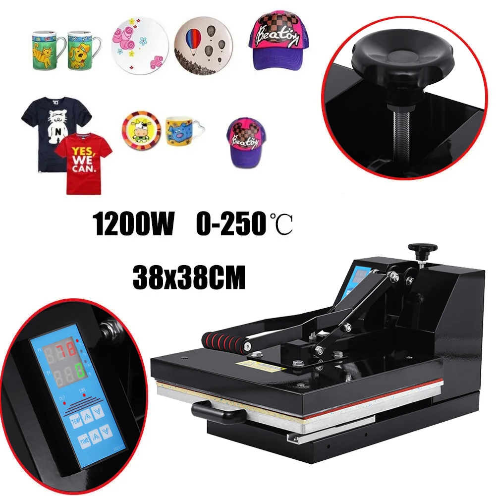 2In1 Heat Press Machine 38*38CM Multifunctional 360 Degree Swing-Away Digital Sublimation Printer Transfer DIY T-shirt Cap