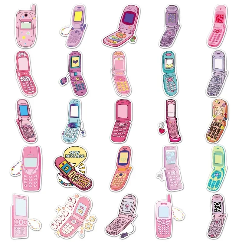 50pcs/set Pink Color Sweet American Phone Scrapbook Journal Sticker Retro Y2K Flip Phone Stationery Sticker DIY Decor Sticker