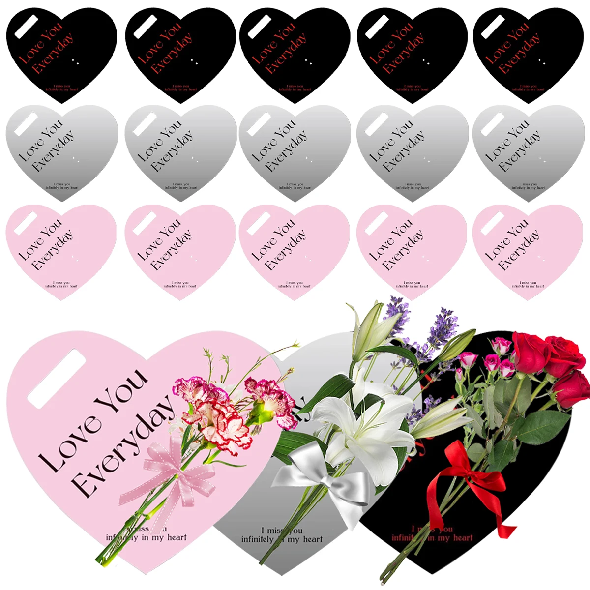 1/5Pcs Pink Silvery Black Single Flowers Bouquet Packaging Heart Shaped Flower Arrangement Card Supplies Flower Art Gift Card