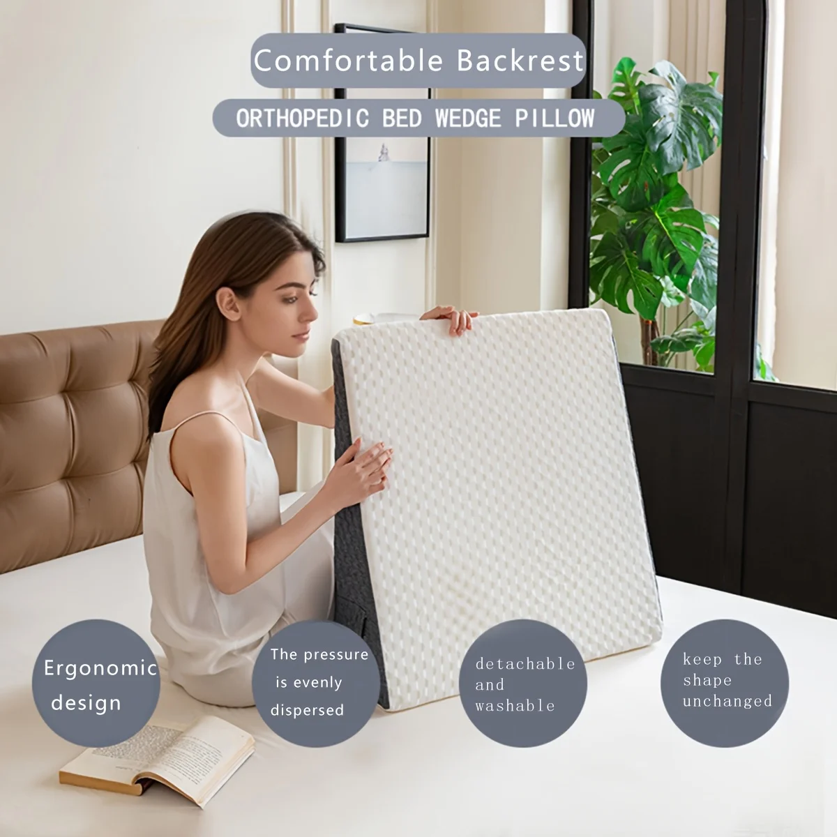 

1 wedge-shaped pillow with foam top, ergonomically low allergenic, high support triangular bed pillow for leg and back support,
