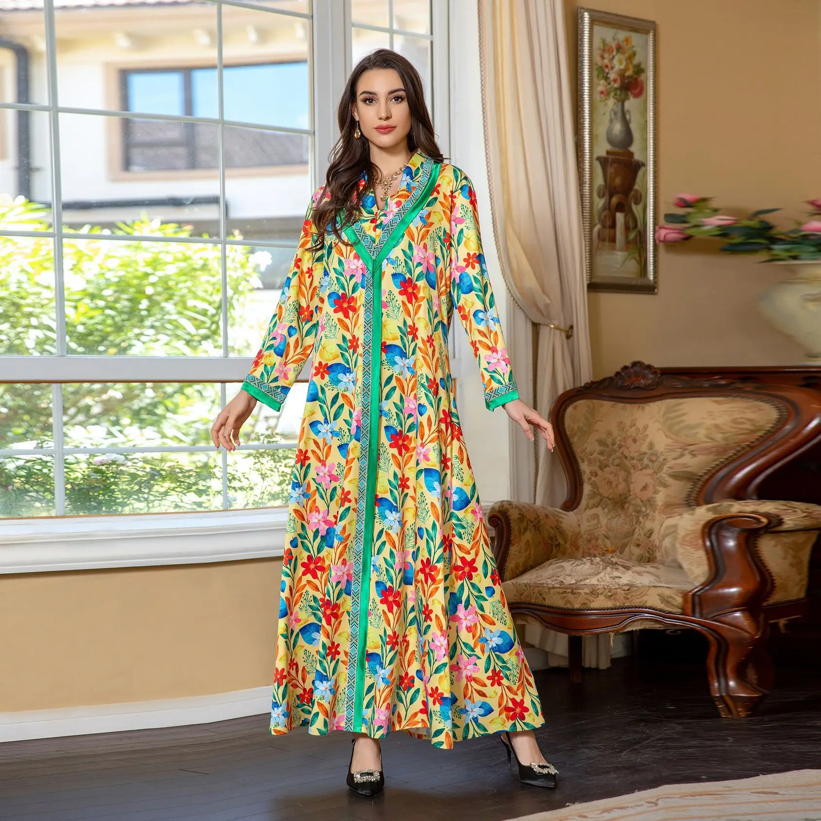 

Muslim Spring New Women's Casual Luxury Fashion Hot Diamond Dress Printed Satin Splicing Long Dress