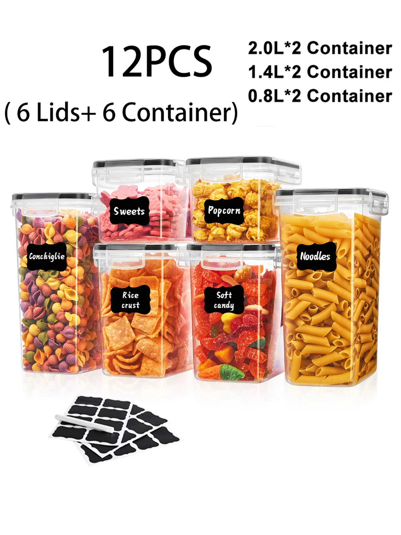 12pcs，Airtight food storage containers with LIDS and labels,plastic kitchen storage containers, dry cargo jars for flour, sugar
