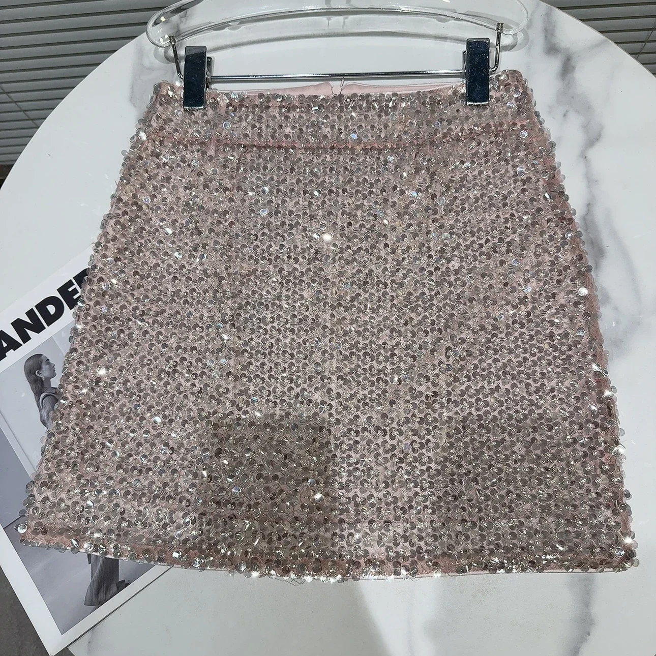 Autumn Winter New Catwalk Model Pink Beads Light Luxury Short Skirt A-shaped Skirts for Women