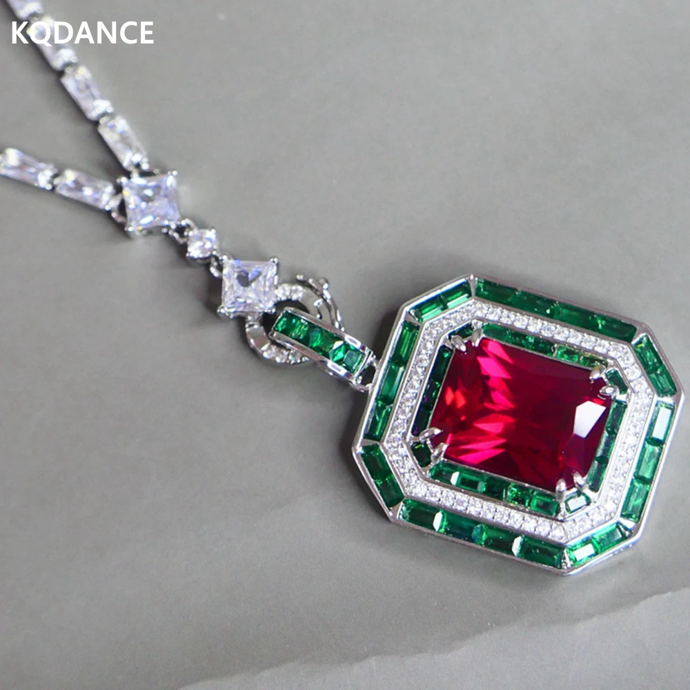 

KQDANCE Rectangle 12*16mm Lab Green Gem Emerald Red Ruby Diamond Pendants Zircon Tennis Chain Necklace Luxury Jewelry For Women