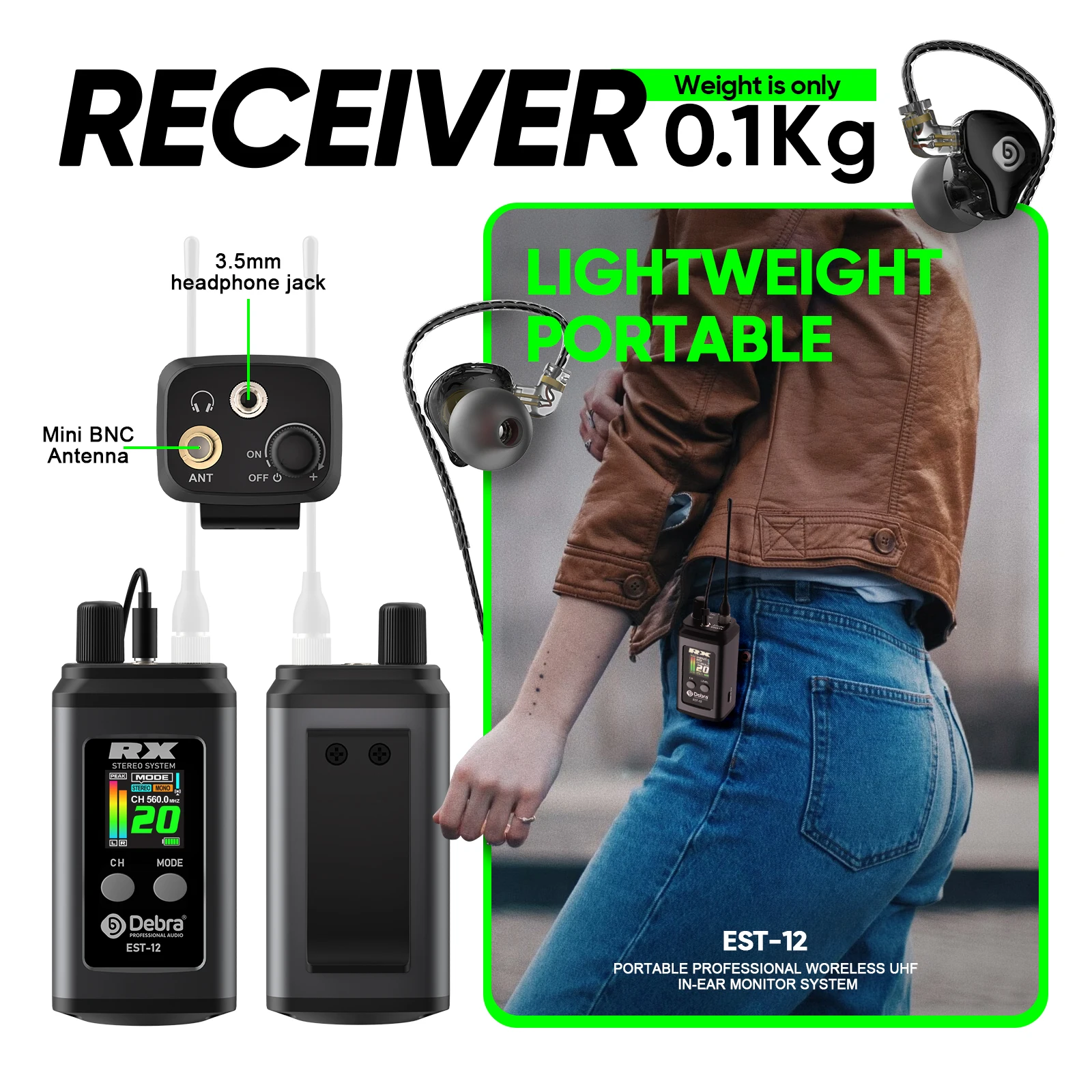 Debra Stereo EST-12 Kabelloses In-Ear-Monitor-System, UHF 560-590MHz, Zweikanal-IEM-System, 80m Reichweite, Wiederaufladbar für Performer – Detail 9