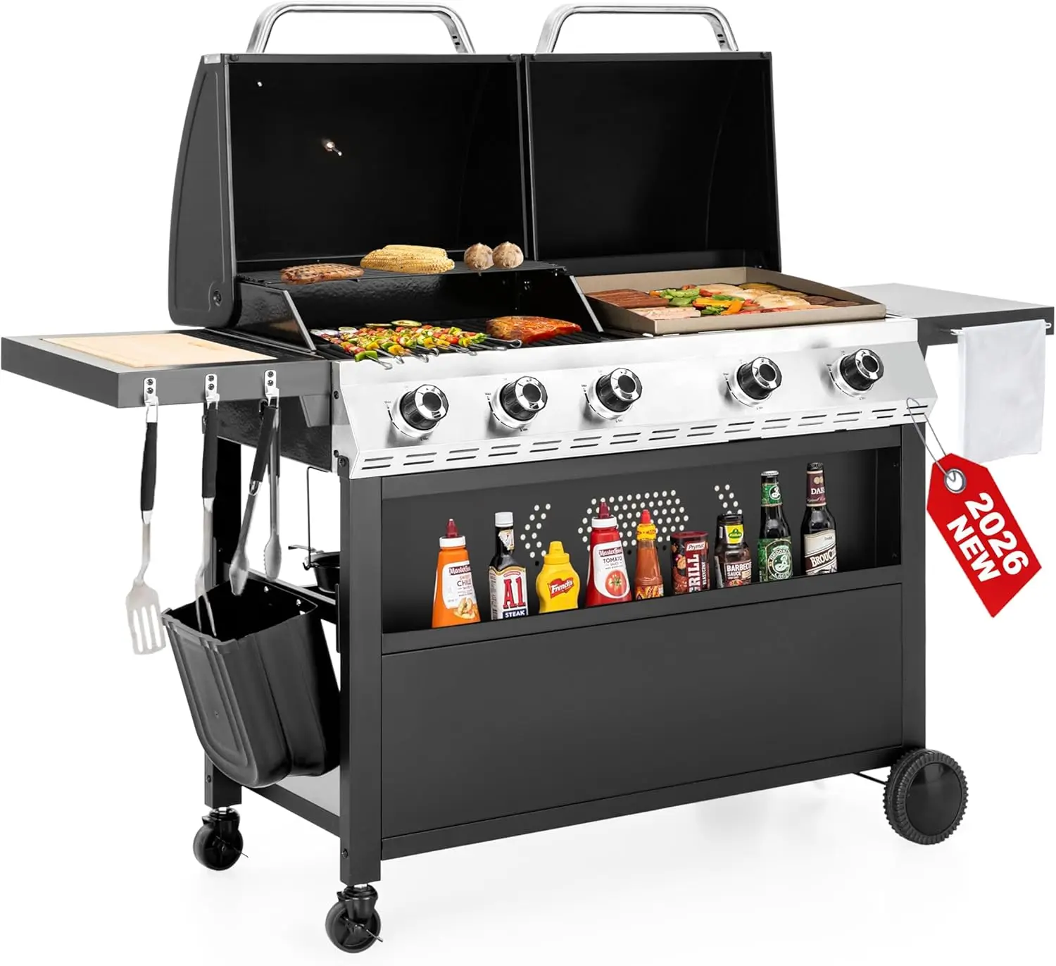 

5-Burner Propane Gas Griddle Grill Combo, 2-in-1 Outdoor BBQ with Porcelain-Enameled Cast Iron Grates and Pan, 695 Sq. In. Flat Top Barbecue Grill for Patio, Backyard, Balcony