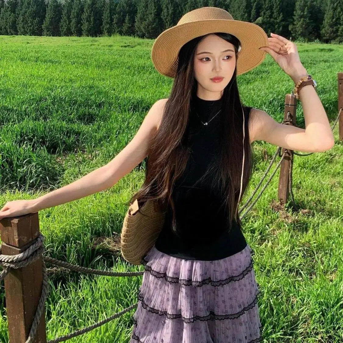 Holiday Style High Waist Multi-Layered Tulle Skirt Petite Size Purple Slimming Half-Length Skirt Casual Polyester Fabric