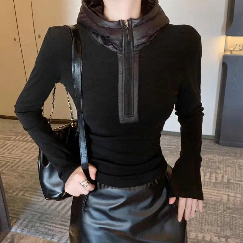 Niche Half Zipper Hooded T-shirt for Women Autumn Winter Soft Slim Fit Long Sleeved Bottom Shirt Cuff Half Zipper Collar Hoodie