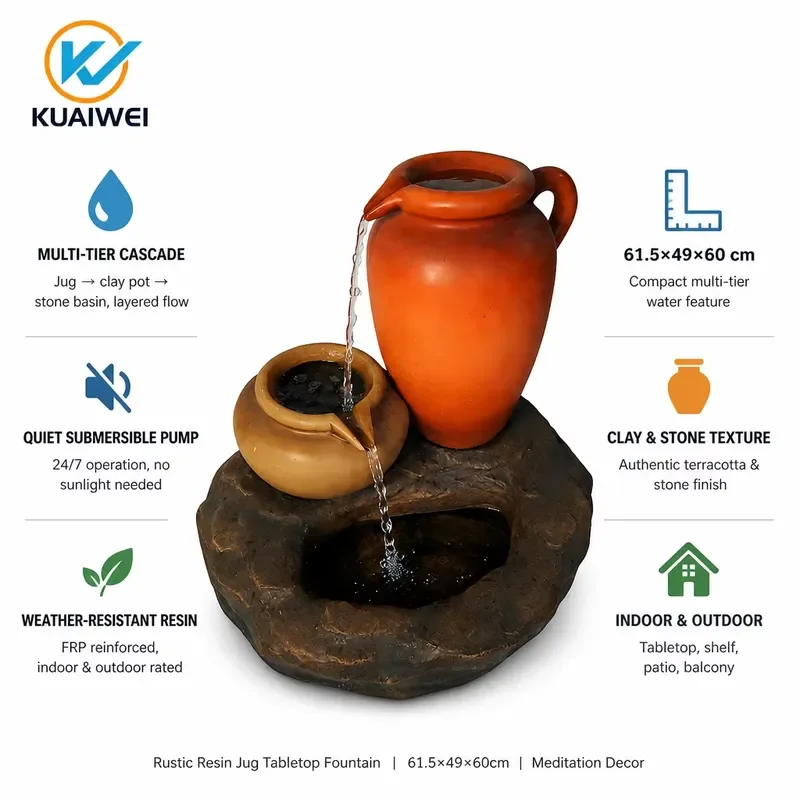 Antique Layered Resin Fountain Desktop Water Feature Handmade Basin Outdoor Garden Decor Waterproof Spring Flow Home Office