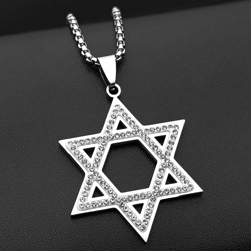 Israel Hexagram Jewish Magen David Stainless Steel Pendant Necklace for Women Men Star of David Rhinestones Chain Jewelry