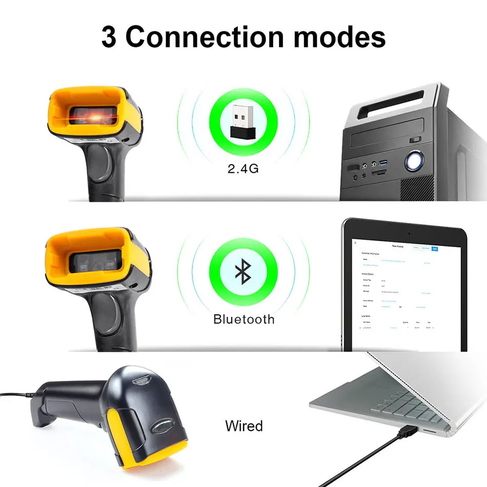 1d & 2d supermercado handhel código de barras scanner leitor qr pdf417 bluetooth 2.4g sem fio & wired usb plataforma