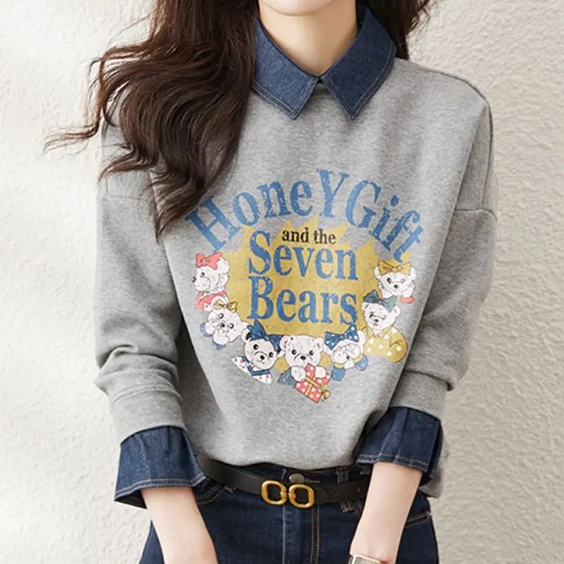 Casual Fashion Cartoon Printed Letter Sweatshirts Spring Autumn Commute Denim Spliced Women's Clothing Korean Loose Pullovers