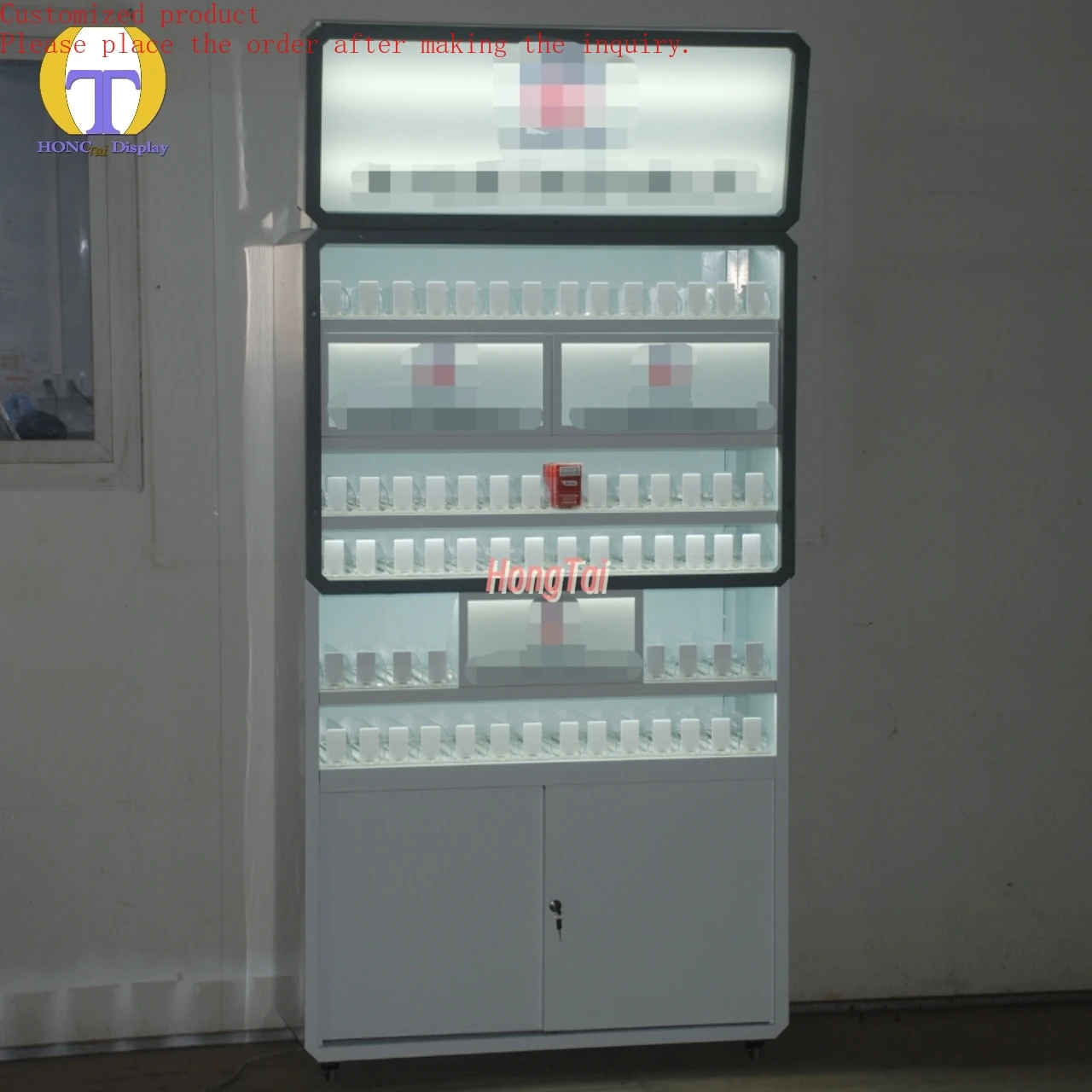

Custom.Custom Light Box White Showcase for Smoke Shop With Smoke Pusher and LED Lighting Metal Tobacco Display Cabinet
