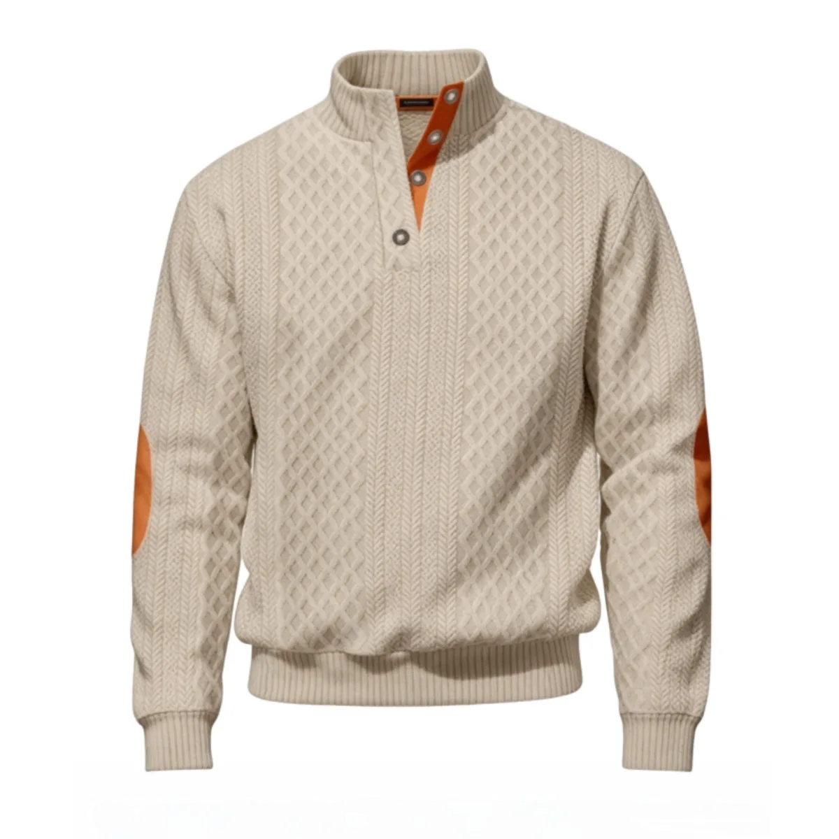 Herren Jacquard-Pullover mit Stehkragen, Ellenbogen-Patches, Langarm, lässiger Strick-Sweatshirt – Detail 8