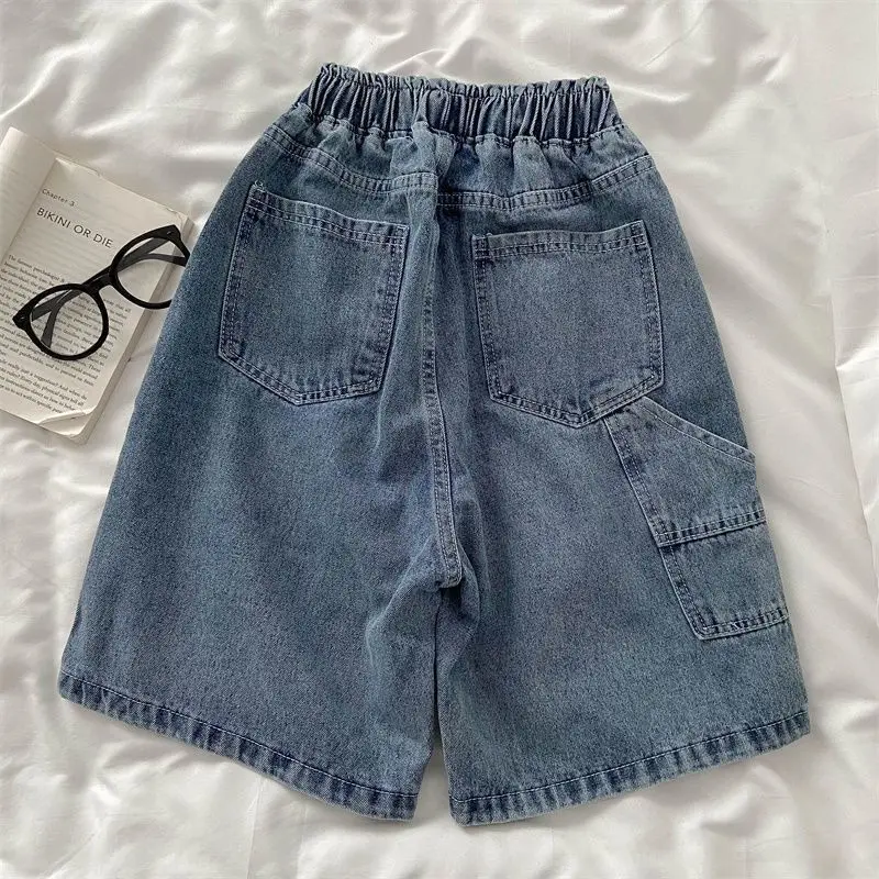 Calção jeans de cintura elástica feminina, bolsos de algodão estampado, retalhos ventilados, calças de perna larga, nova moda, verão