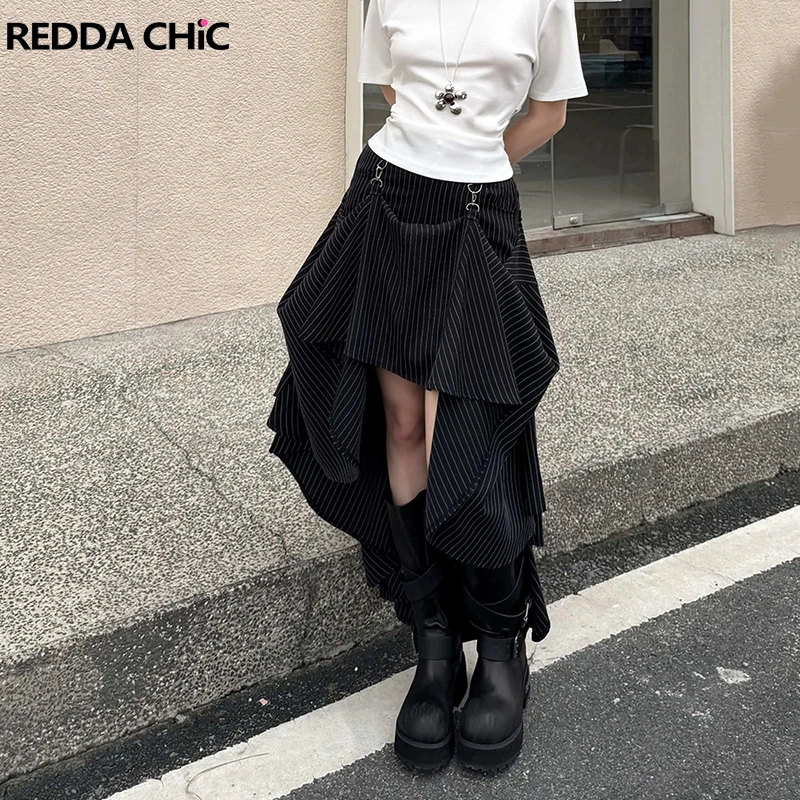 ReddaChic Gothic Steampunk Stripe Skirt Women Victorian Vintage Hi-Lo Low Waist Maxi Pirate Skirt Grunge Renaissance Clothes