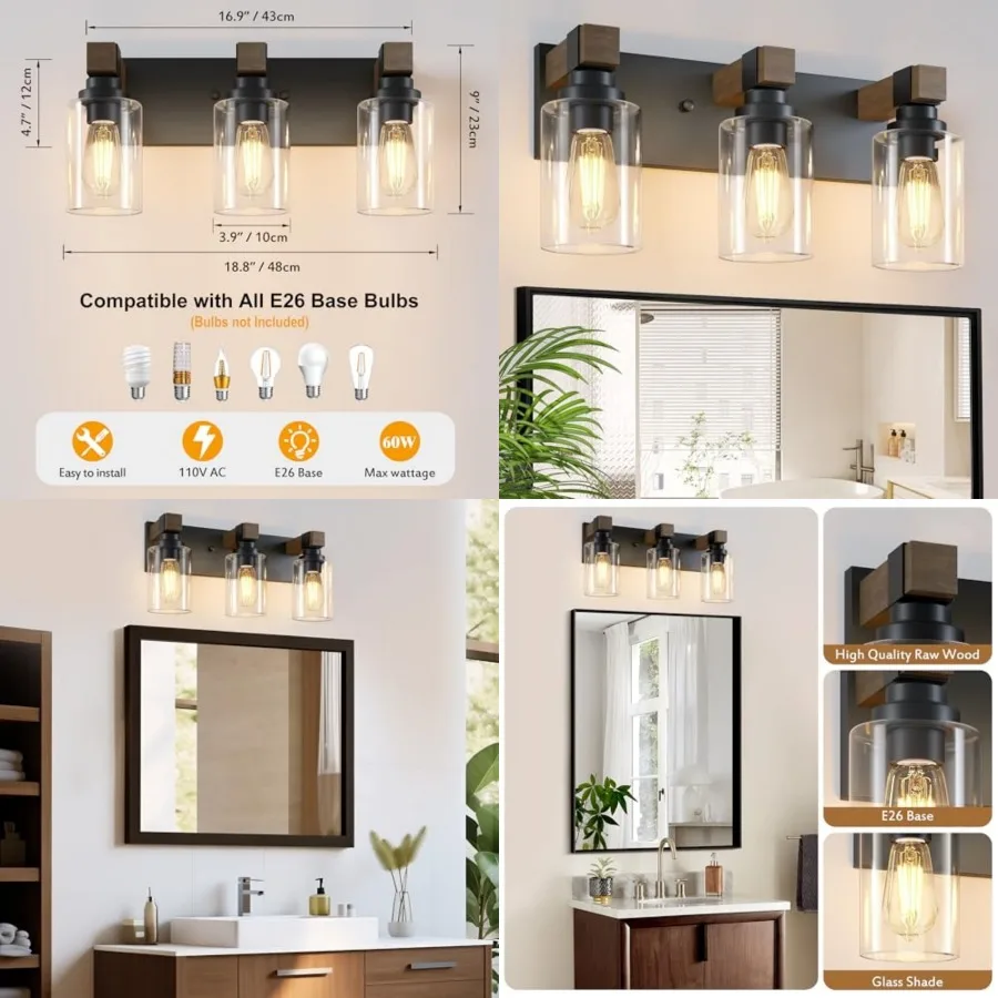 

Farmhouse Bathroom Vanity Light Fixtures, Rustic Wood Vanity Lights for Bathroom, Vintage Wall Sconces Lighting, Light fixtures