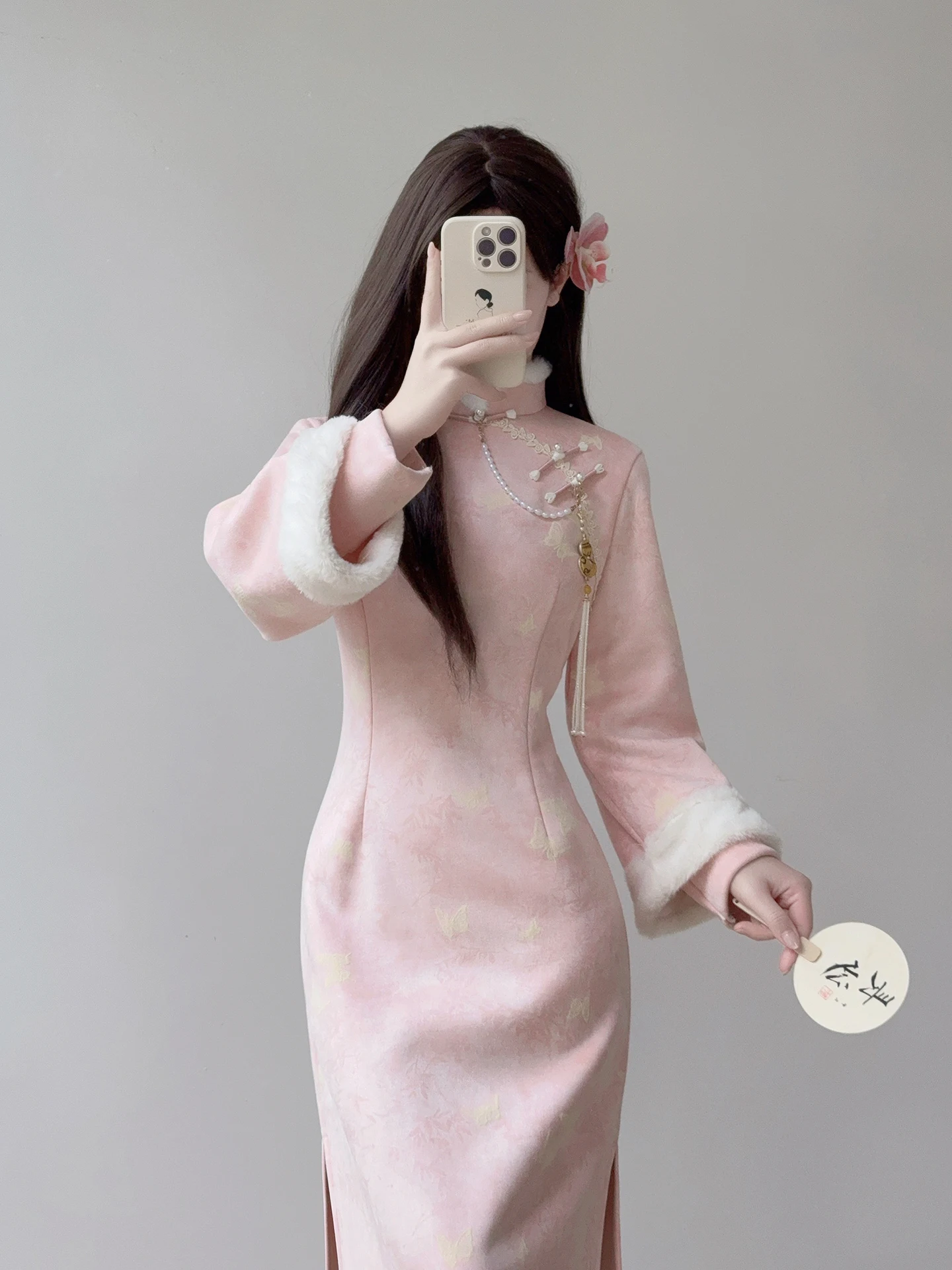 

Новое китайское платье-ципао Ting Yue Ling для молодых женщин, розовое, приталенное, с длинным рукавом, средней длины, для повседневной носки